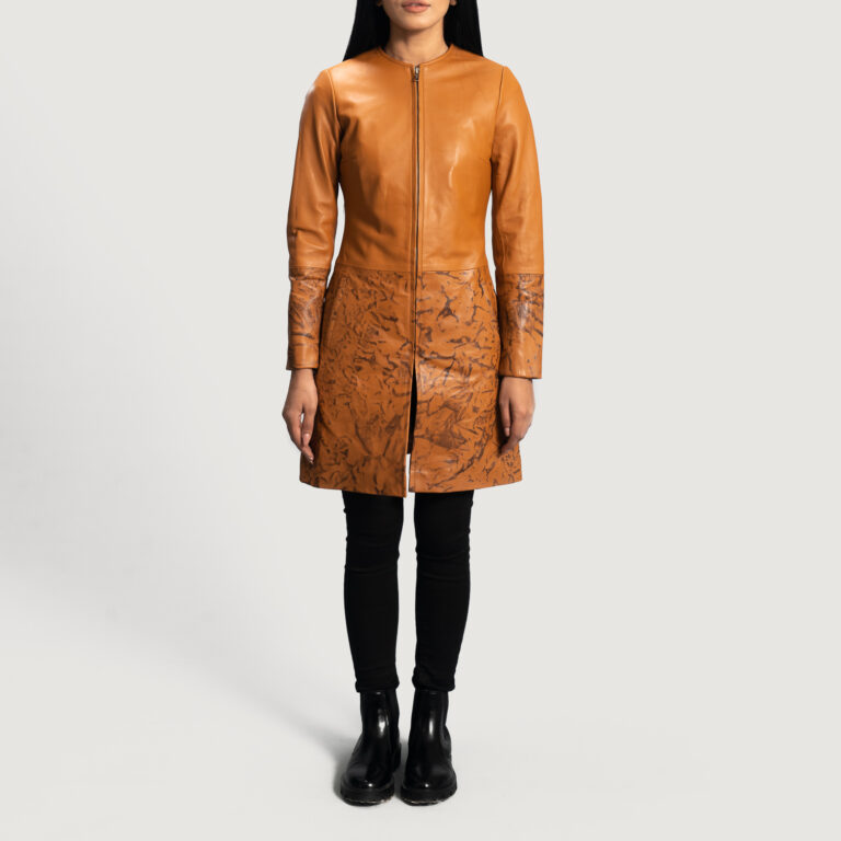 Womens Sandy Tan Dye Leather Coat Full Length-2-1664357517310